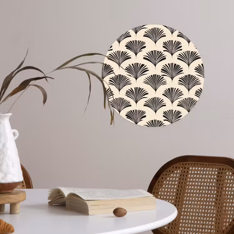Waaiers - Botanisch - Zwart - Beige Wandcirkel behangsticker klein 186 -sfeer3