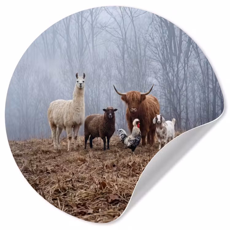 Boerderijdieren - Groep - Mist - Natuur - Rustiek Wandcirkel behangsticker klein -3d