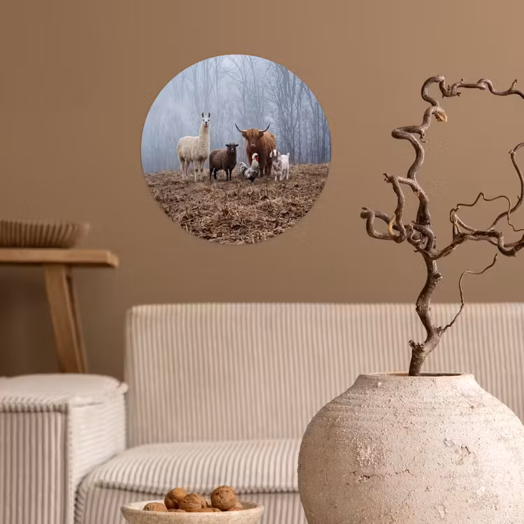 Boerderijdieren - Groep - Mist - Natuur - Rustiek Wandcirkel behangsticker klein -sfeer1