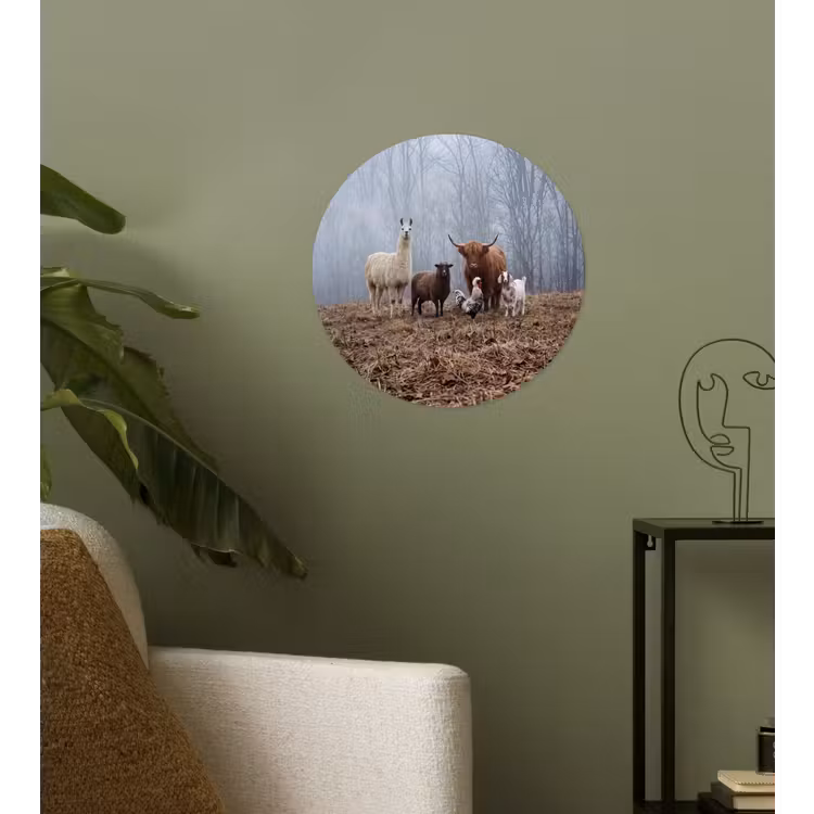 Boerderijdieren - Groep - Mist - Natuur - Rustiek Wandcirkel behangsticker klein -sfeer2