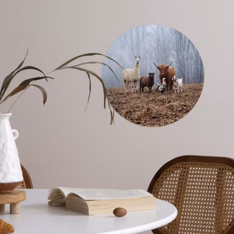 Boerderijdieren - Groep - Mist - Natuur - Rustiek Wandcirkel behangsticker klein -sfeer3