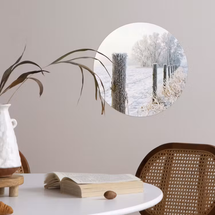 Hek - Sneeuw - Mist - Platteland - Nostalgisch Wandcirkel behangsticker klein -sfeer3