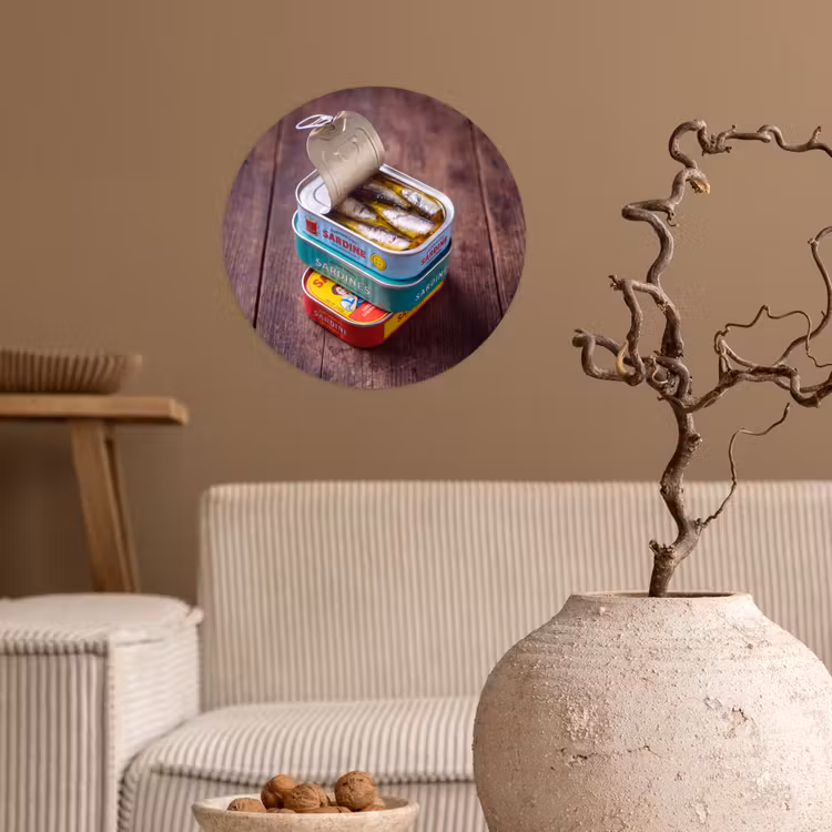 Wallpaper Circle - Fish - Cans - Kitchen - Vis - Blikjes - Keuken Wandcirkel behangsticker klein