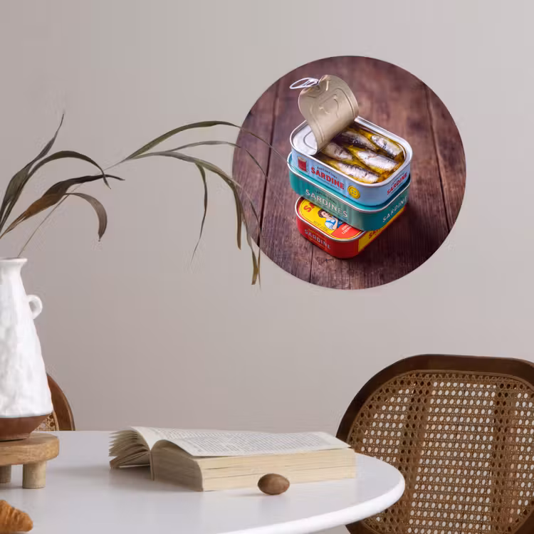 Wallpaper Circle - Fish - Cans - Kitchen - Vis - Blikjes - Keuken Wandcirkel behangsticker klein