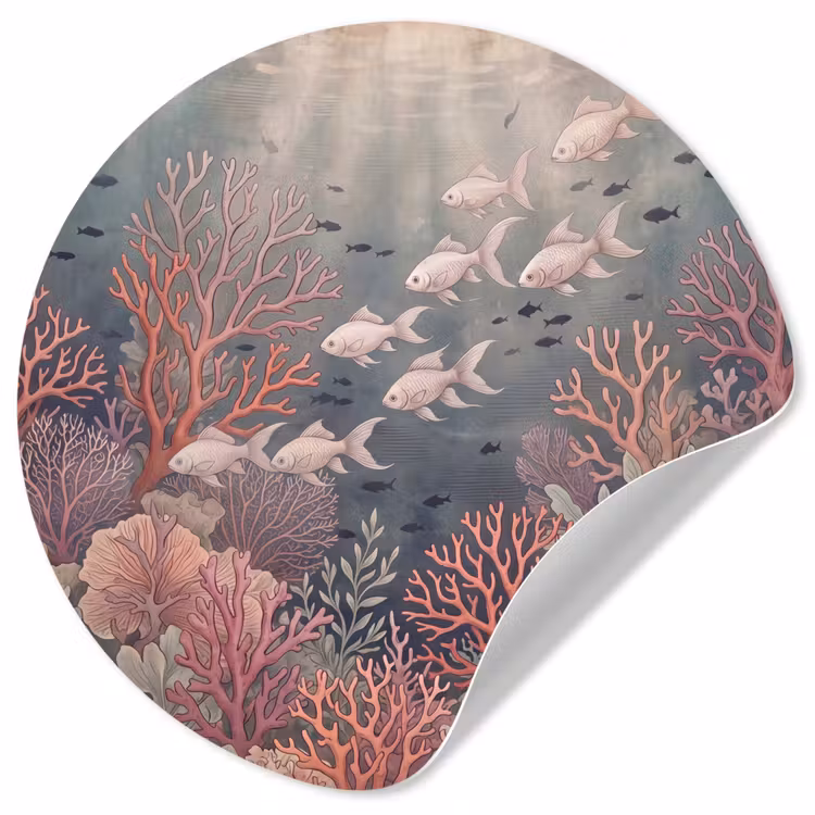 Vis - Koraal - Onderwater - Illustratie - Vintage Wandcirkel behangsticker klein -3d