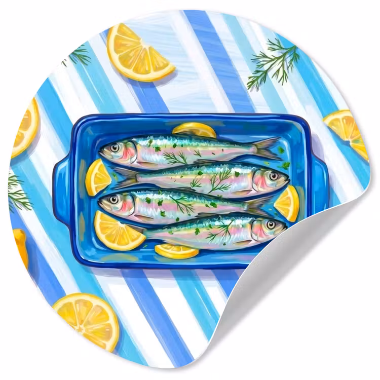 Vis - Citroen - Kruiden - Eten - Blauw Wandcirkel behangsticker klein -3d