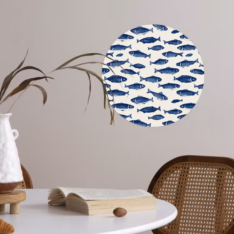 Vissen - Patroon - Blauw - Wit Wandcirkel behangsticker klein 186 -sfeer3