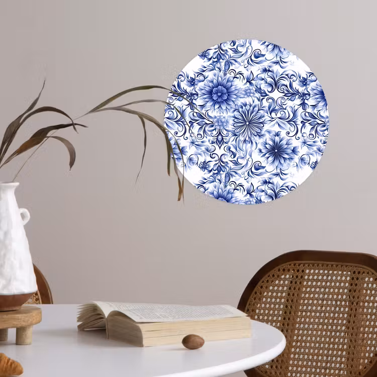 Bloemen - Blauw - Patroon - Wit Wandcirkel behangsticker klein 186 -sfeer3