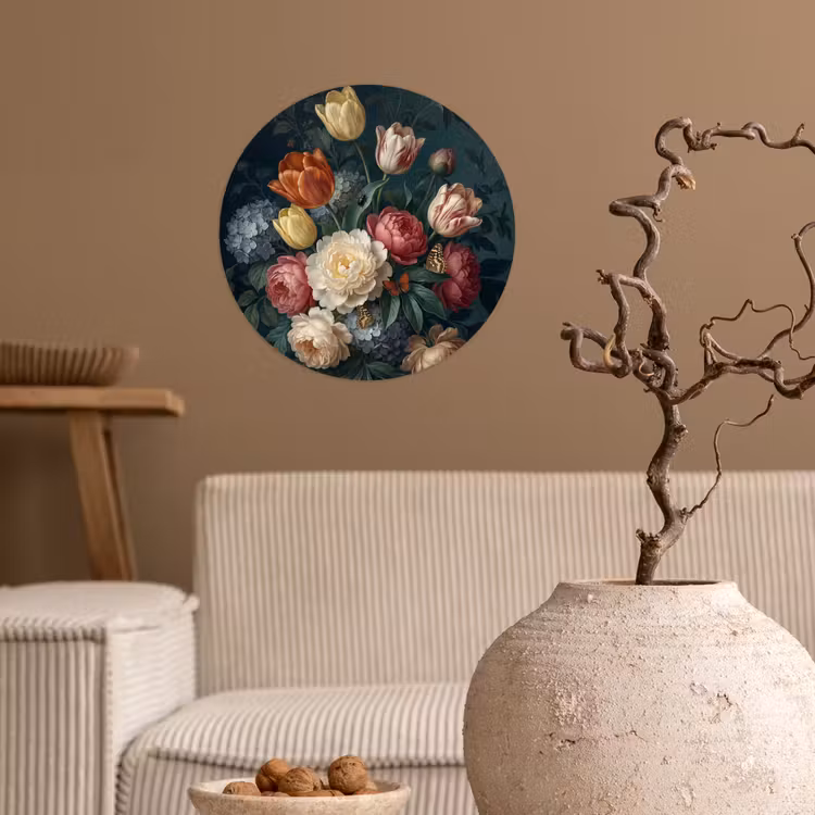 Bloemen - Boeket - Natuur - Klassiek - Donker Wandcirkel behangsticker klein -sfeer1