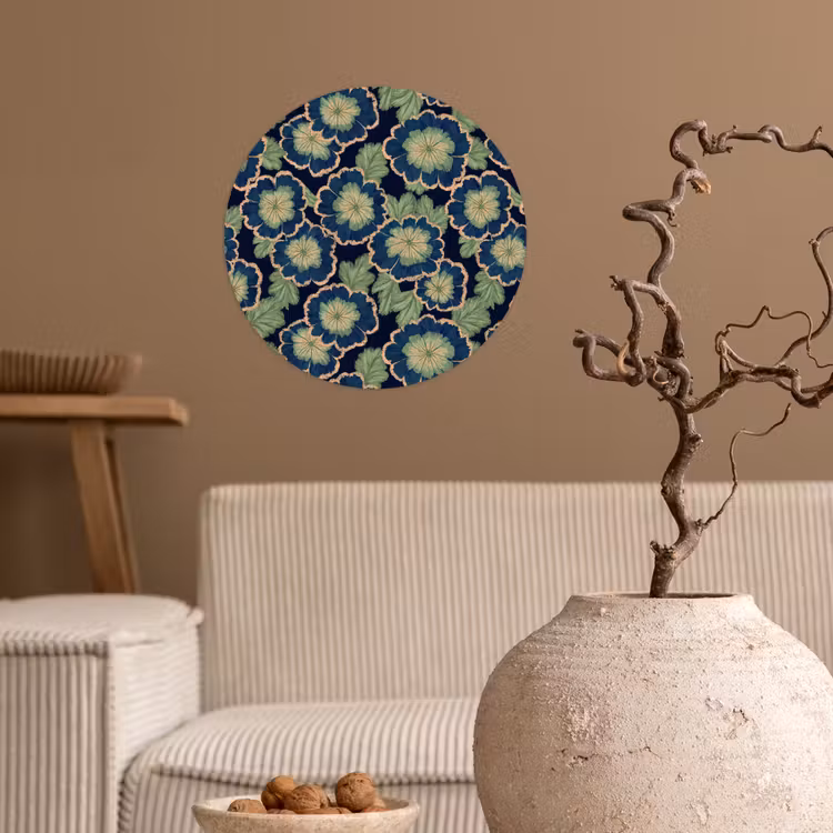 Bloemen - Borduurwerk - Patroon - Blauw - Groen Wandcirkel behangsticker klein 186 -sfeer1