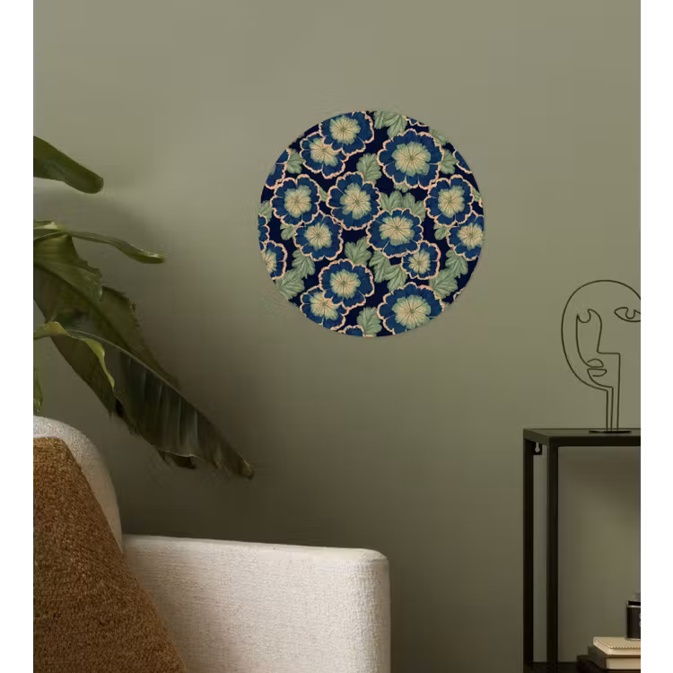 Bloemen - Borduurwerk - Patroon - Blauw - Groen Wandcirkel behangsticker klein 186 -sfeer2