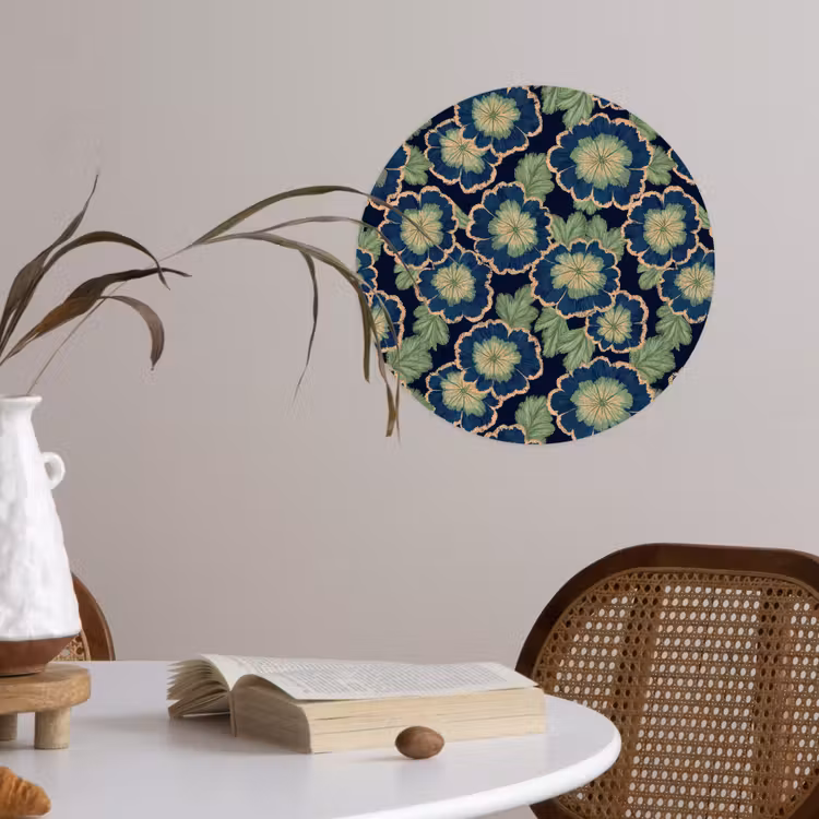 Bloemen - Borduurwerk - Patroon - Blauw - Groen Wandcirkel behangsticker klein 186 -sfeer3