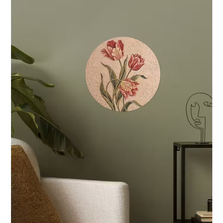 Bloemen - Mozaïek - Rood - Groen - Kunst Wandcirkel behangsticker klein -sfeer2