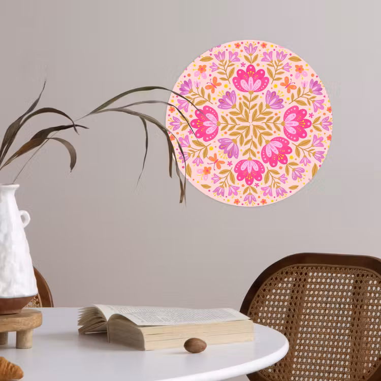 Bloemen - Patroon - Natuur - Abstract - Roze Wandcirkel behangsticker klein -sfeer3