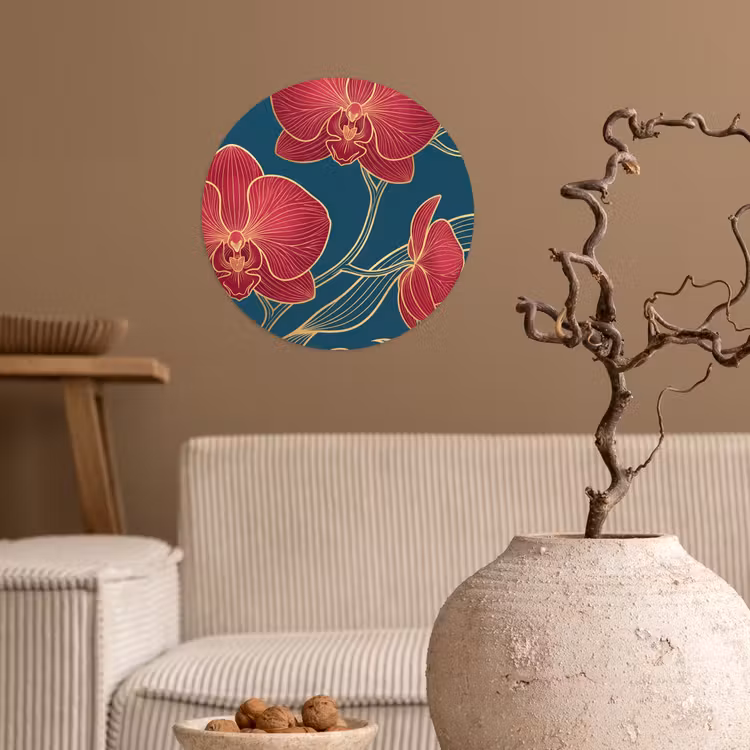 Wallpaper Circle - Flowers - Red - Gold - Bloemen - Rood - Goud Wandcirkel behangsticker klein