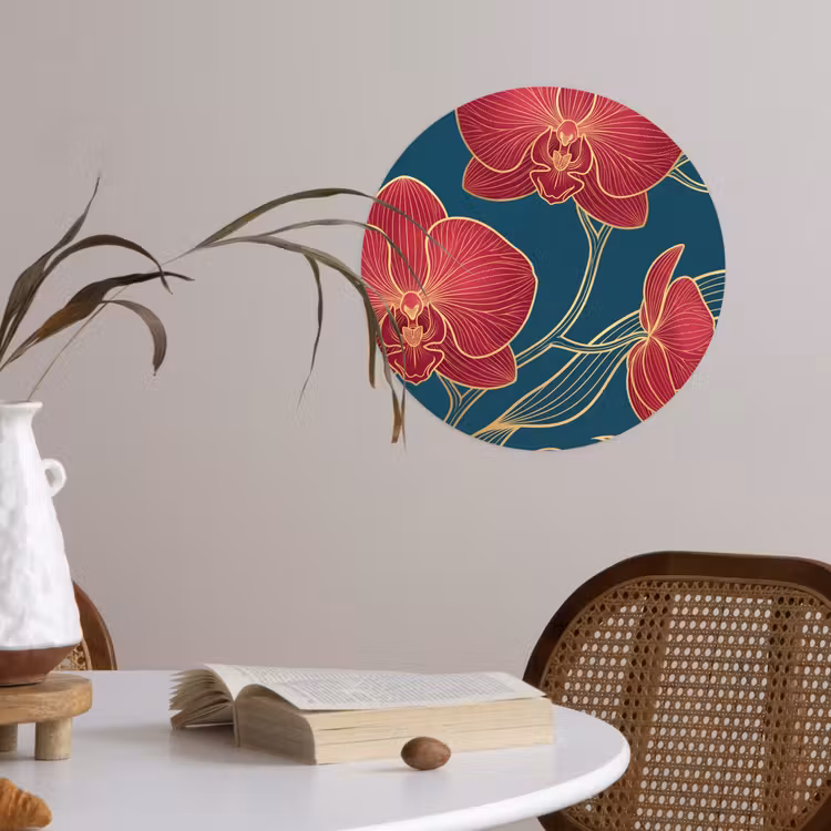 Wallpaper Circle - Flowers - Red - Gold - Bloemen - Rood - Goud Wandcirkel behangsticker klein