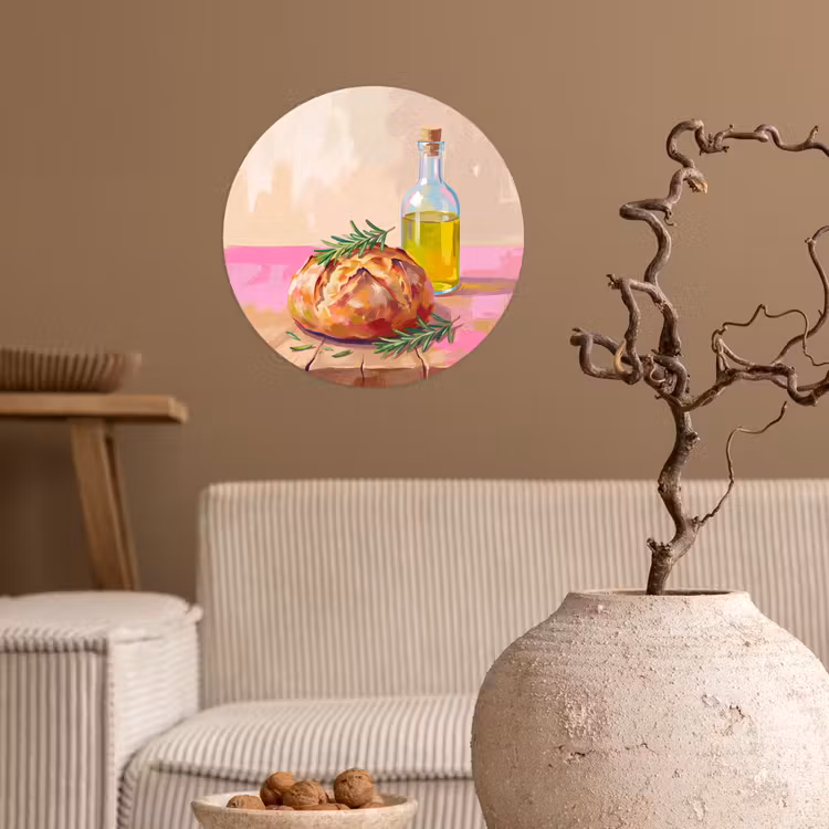 Eten - Brood - Olijfolie - Abstract - Keuken Wandcirkel behangsticker klein -sfeer1