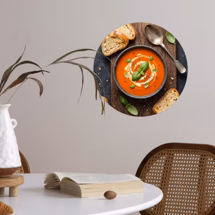 Eten - Soep - Basilicum - Rustiek - Rood Wandcirkel behangsticker klein -sfeer3