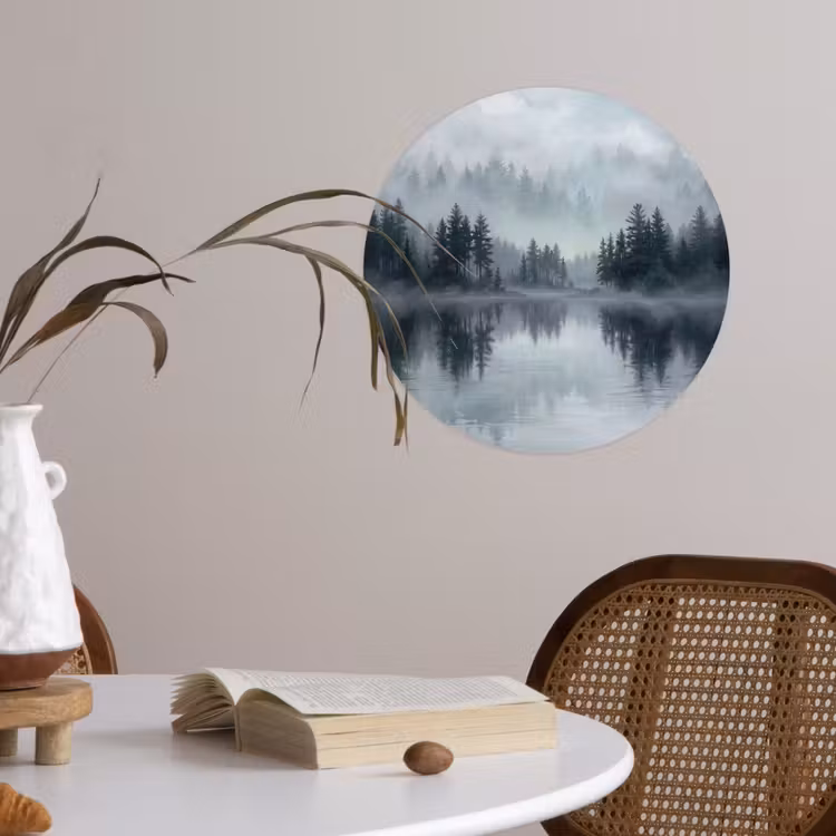 Bos - Meer - Mist - Natuur - Grijs Wandcirkel behangsticker klein -sfeer3