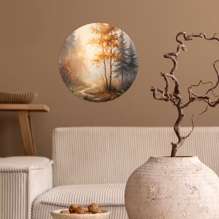Bospad - Herfstbladeren - Natuur - Schilderachtig - Oranje Wandcirkel behangsticker klein -sfeer1