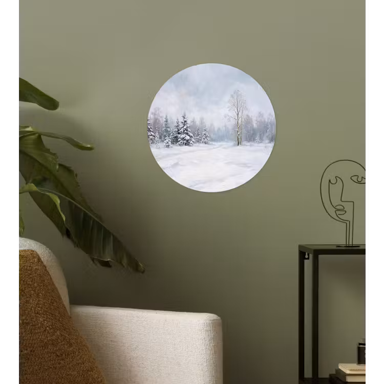 Bospad - Dennen - Sneeuw - Winter - Rustgevend Wandcirkel behangsticker klein -sfeer2