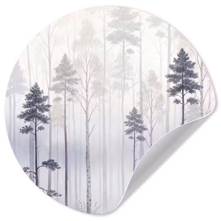 Bos - Bomen - Mist - Natuur - Illustratie - Grijs Wandcirkel behangsticker klein -3d