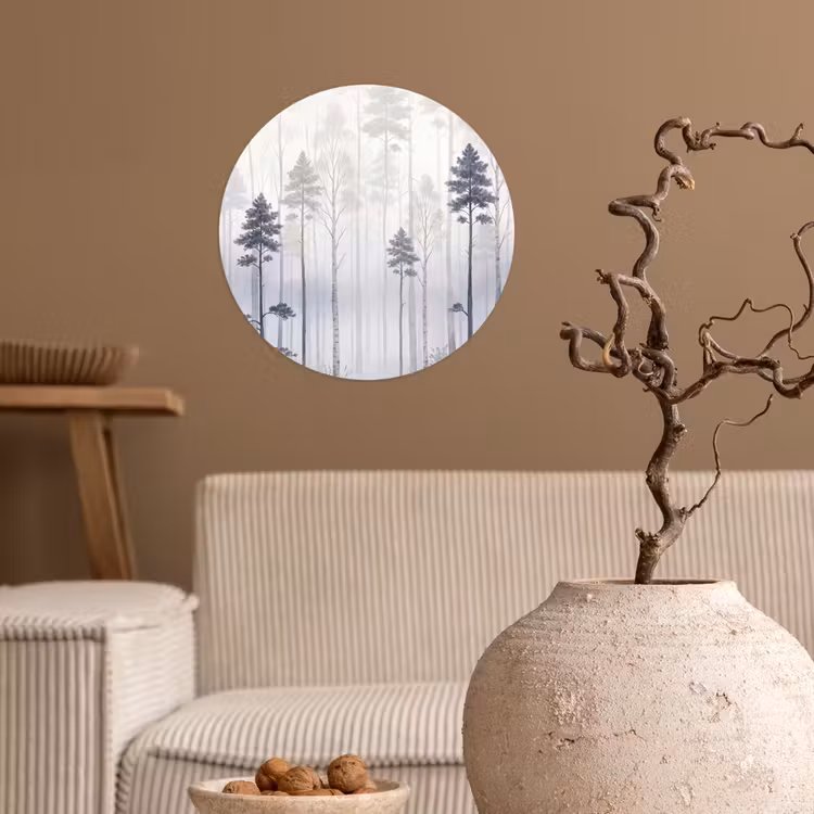 Bos - Bomen - Mist - Natuur - Illustratie - Grijs Wandcirkel behangsticker klein -sfeer1