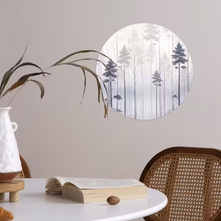 Bos - Bomen - Mist - Natuur - Illustratie - Grijs Wandcirkel behangsticker klein -sfeer3
