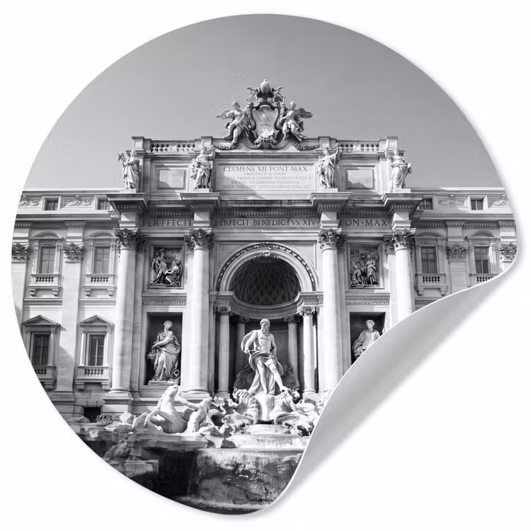 Fontein - Beelden - Architectuur - Zwart-wit Wandcirkel behangsticker klein -3d