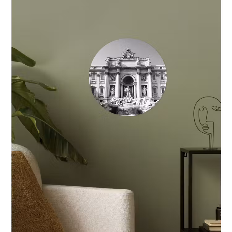 Fontein - Beelden - Architectuur - Zwart-wit Wandcirkel behangsticker klein -sfeer2