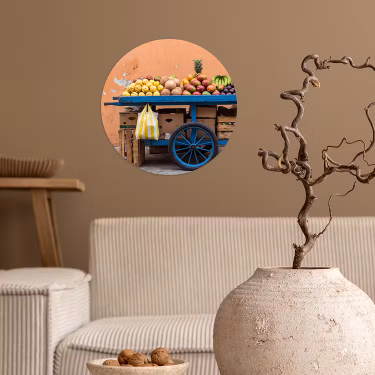 Wallpaper Circle - Fruit - Cart - Street - Fruit - Kar - Straat Wandcirkel behangsticker klein