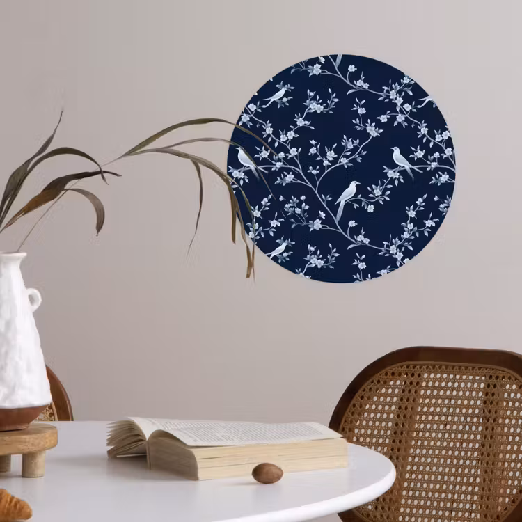 Grafisch - Bloesemtak - Blauw Wandcirkel behangsticker klein 186 -sfeer3