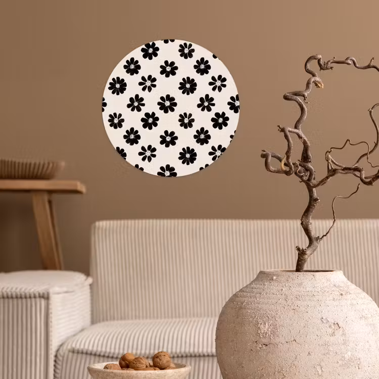 Grafisch - Madeliefjes - Zwart - Beige Wandcirkel behangsticker klein 186 -sfeer1