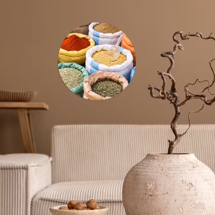 Wallpaper Circle - Herbs - Bags - Market - Kruiden - Zakken - Markt Wandcirkel behangsticker klein