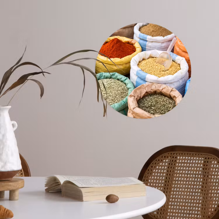 Wallpaper Circle - Herbs - Bags - Market - Kruiden - Zakken - Markt Wandcirkel behangsticker klein