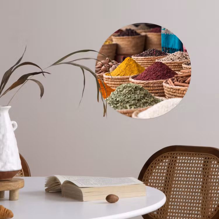Wallpaper Circle - Herbs - Baskets - Oriental - Kruiden - Manden - Oosters Wandcirkel behangsticker klein