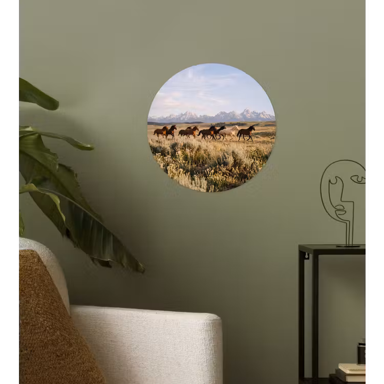 Paarden - Kudde - Bergen - Vrijheid - Wild Wandcirkel behangsticker klein -sfeer2