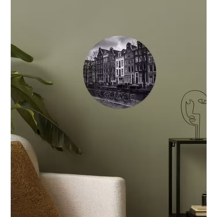 Huis - Gracht - Amsterdam - Architectuur - Zwart-wit Wandcirkel behangsticker klein -sfeer2