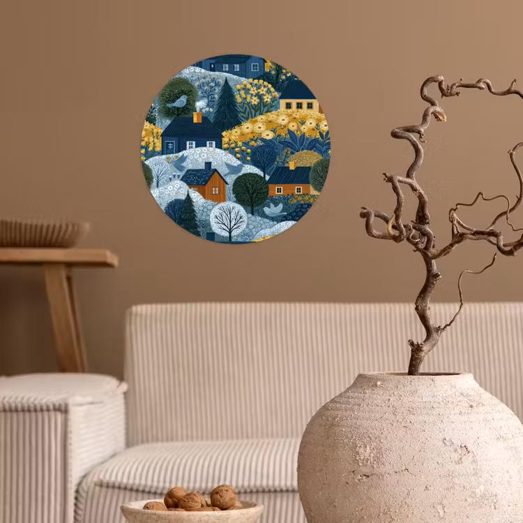 Huisjes - Bloemen - Patroon - Geel - Blauw Wandcirkel behangsticker klein 186 -sfeer1