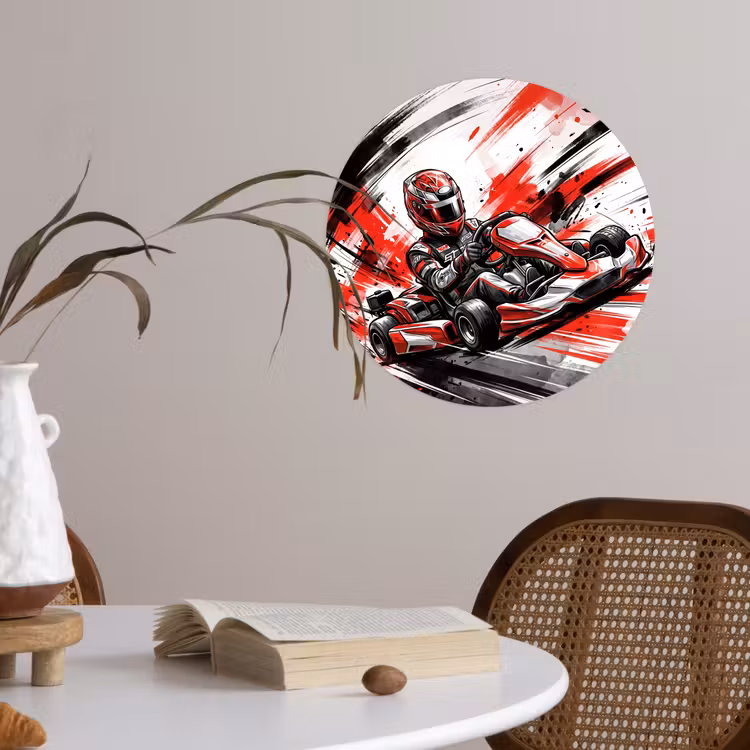 Kart - Coureur - Snelheid - Rood Wandcirkel behangsticker klein -sfeer3