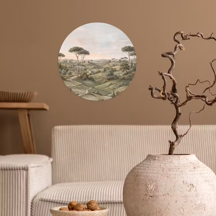 Landschap - Heuvels - Zandpad - Groen Wandcirkel behangsticker klein -sfeer1