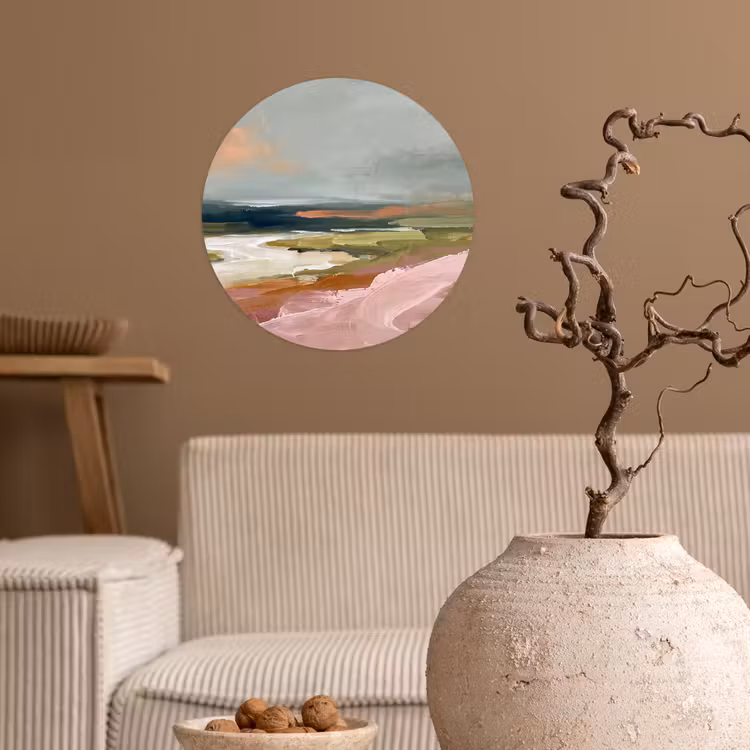 Landschap - Rivier - Abstract - Roze - Groen Wandcirkel behangsticker klein -sfeer1