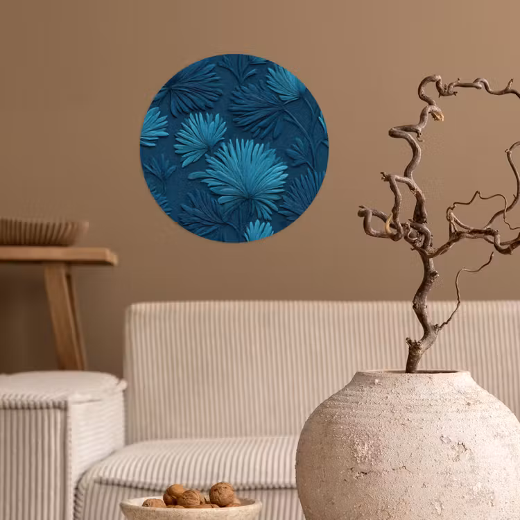 Bladeren - Reliëf - Patroon - Oceaanblauw - Modern Wandcirkel behangsticker klein 186 -sfeer1