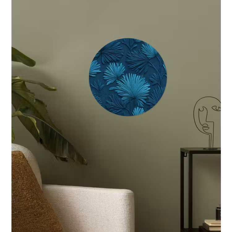 Bladeren - Reliëf - Patroon - Oceaanblauw - Modern Wandcirkel behangsticker klein 186 -sfeer2
