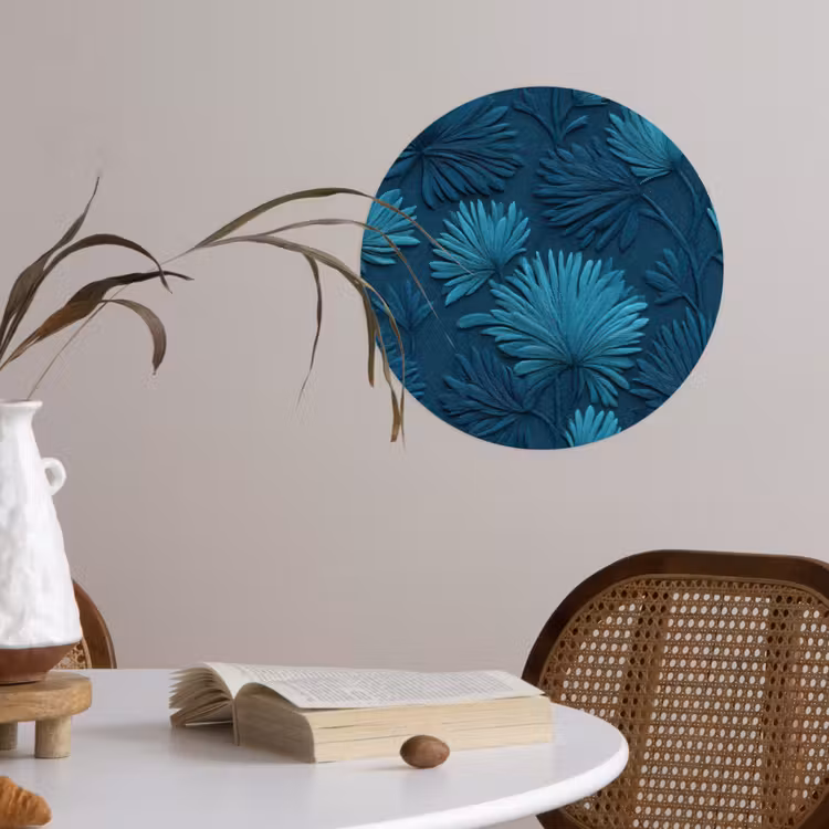Bladeren - Reliëf - Patroon - Oceaanblauw - Modern Wandcirkel behangsticker klein 186 -sfeer3