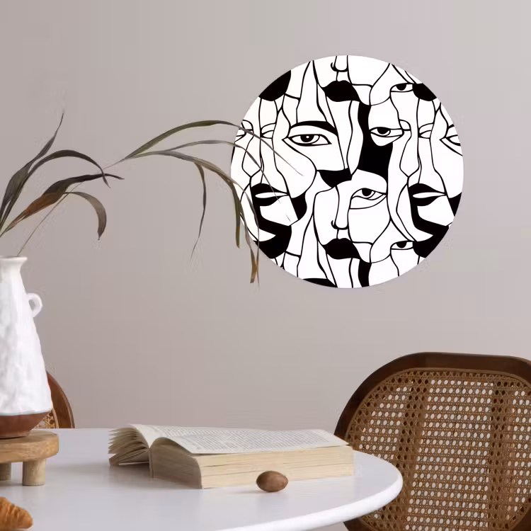 Lijnen - Gezichten - Zwart - Wit Wandcirkel behangsticker klein 186 -sfeer3