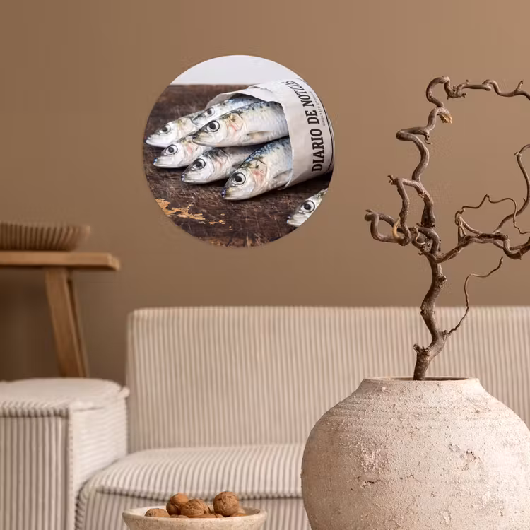 Wallpaper Circle - Little Sardine - newspaper - cutting board - Sardientje - krant - snijplank Wandcirkel behangsticker klein