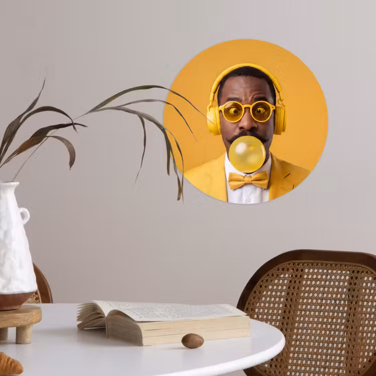Man - Bubblegum - Portret - Geel - Modern Wandcirkel behangsticker klein -sfeer3