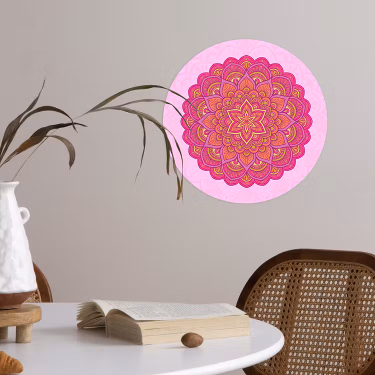 Mandala - Cirkel - Spiritueel - Oosters - Roze Wandcirkel behangsticker klein -sfeer3