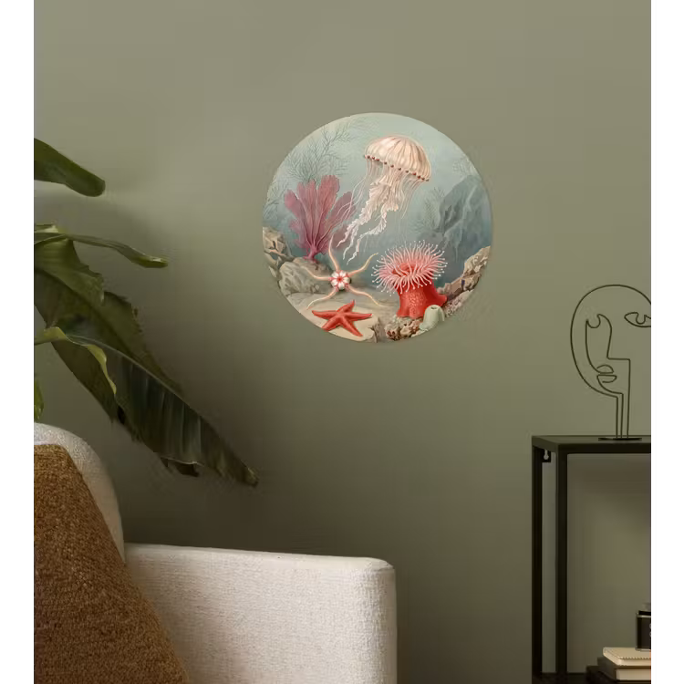 Zeeleven - Kwal - Onderwater - Illustratie - Beige Wandcirkel behangsticker klein -sfeer2